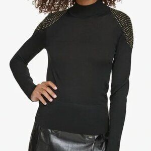 KARL LAGERFELD PARIS Women's Embellished-Shoulder Mock Neck Sweater Size: XS